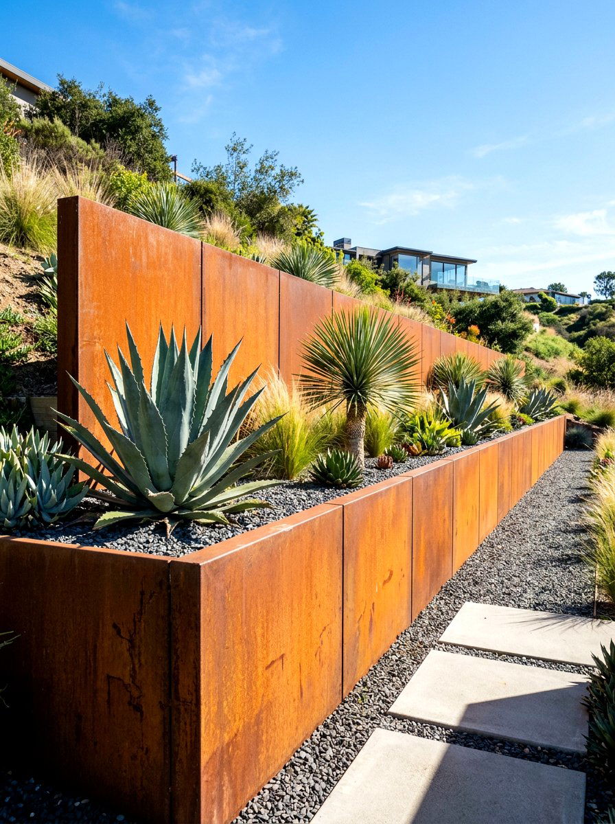 Corten steel retaining wall - 30 sloped backyard retaining wall ideas