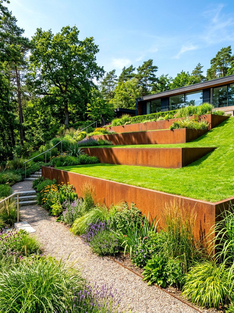 Corten steel retaining wall - 30 corten steel backyard ideas