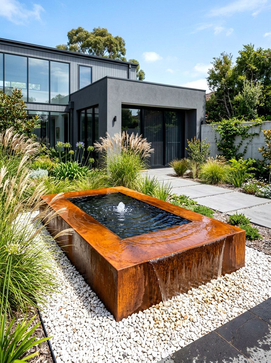 Corten steel water table - 30 front yard water feature ideas
