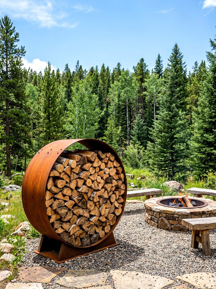 Corten steel wood holder - 30 corten steel backyard ideas