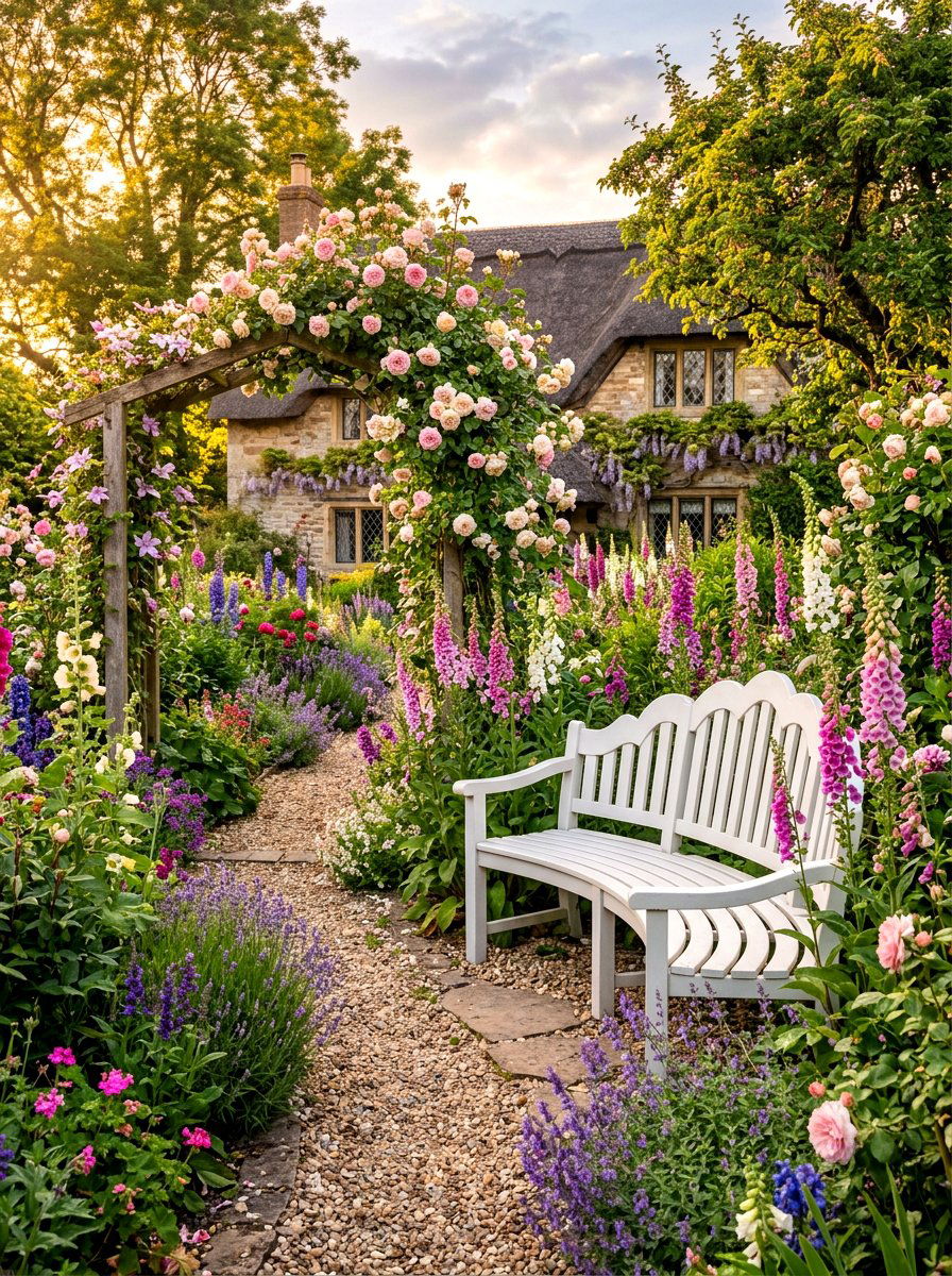 Cottage Garden With Curved Wood Bench - 30 curved bench garden ideas