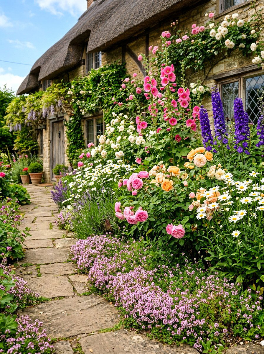 Cottage Style Layered Flower Bed - 30 layered front yard landscaping ideas
