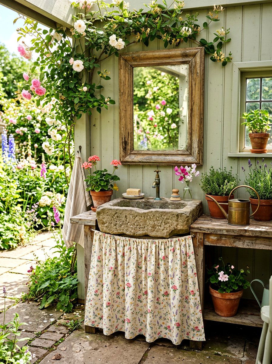 Cottage Style Sink Cover - 30 skirted vanity ideas