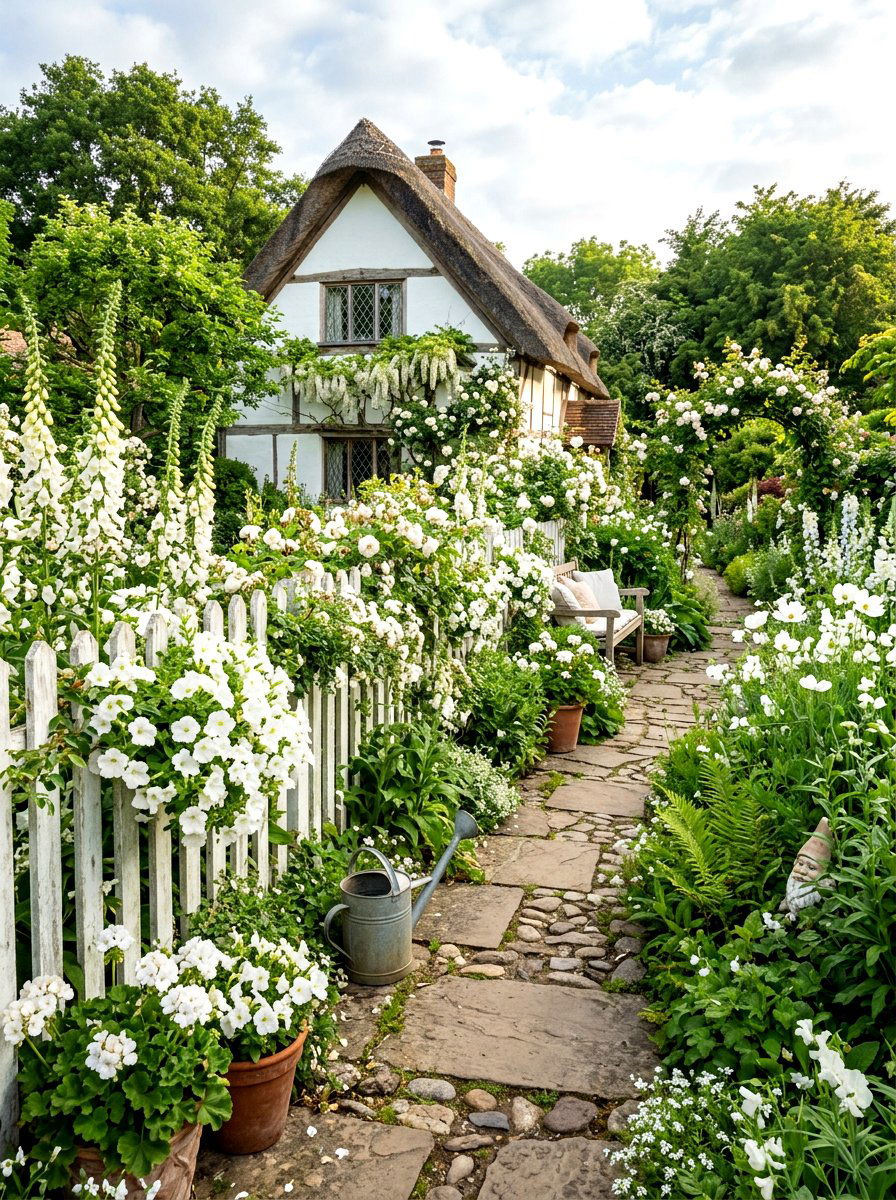 Cottage Style White Garden - 30 white bloom garden ideas