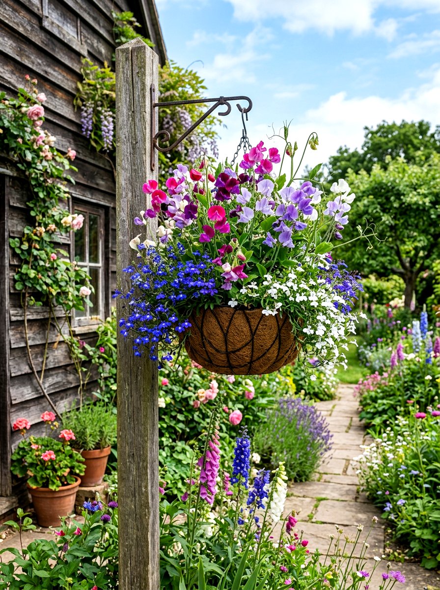 Cottage garden hanging basket - 30 hanging flower basket ideas