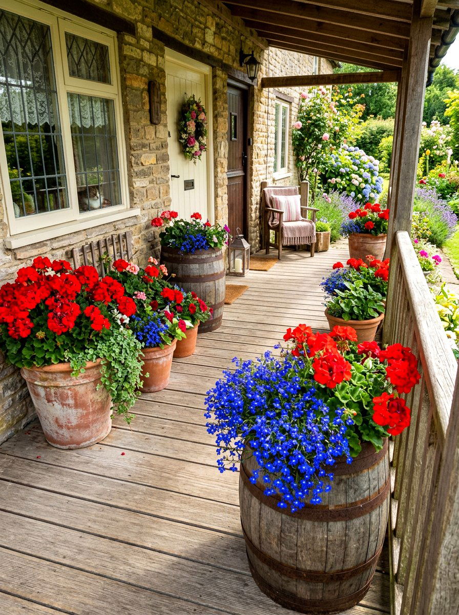 Cottage porch container plants - 30 cottage front yard garden ideas