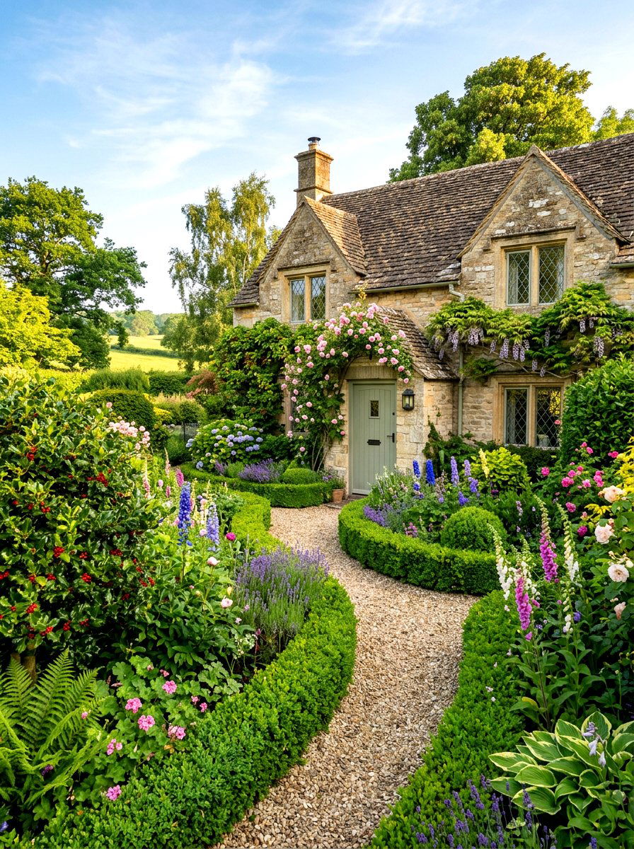 Cottage style evergreen garden - 30 evergreen front yard ideas