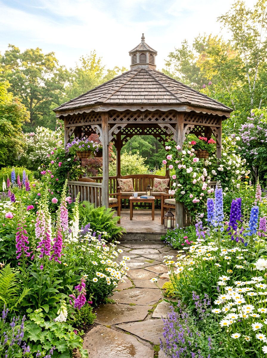 Cottage style gazebo landscaping - 30 gazebo flower garden ideas