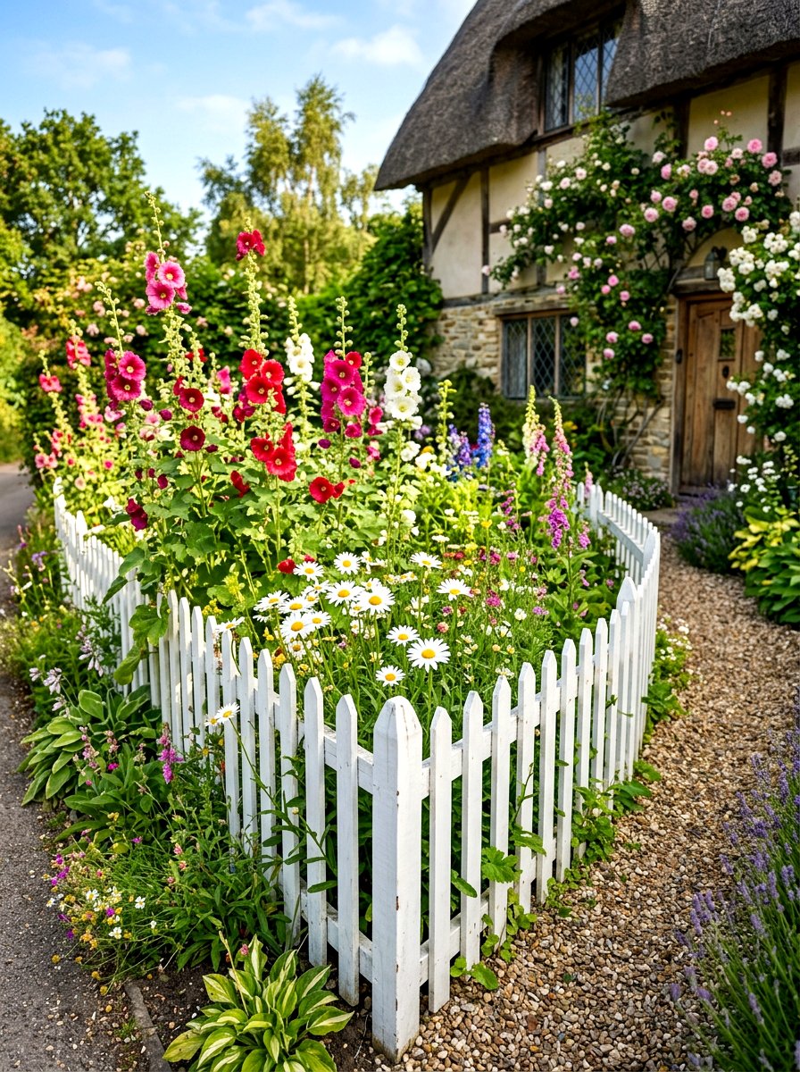 Cottage style picket fence bed - 30 flower bed around tree ideas