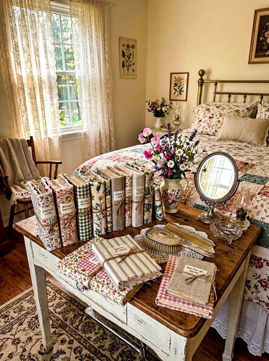 Cottagecore Bedroom With Fabric Covered Vintage Books - 30 vintage book decor ideas