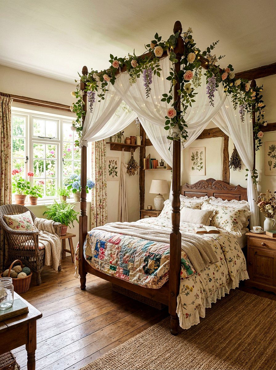 Cottagecore Floral Canopy - 30 romantic floral bedroom ideas