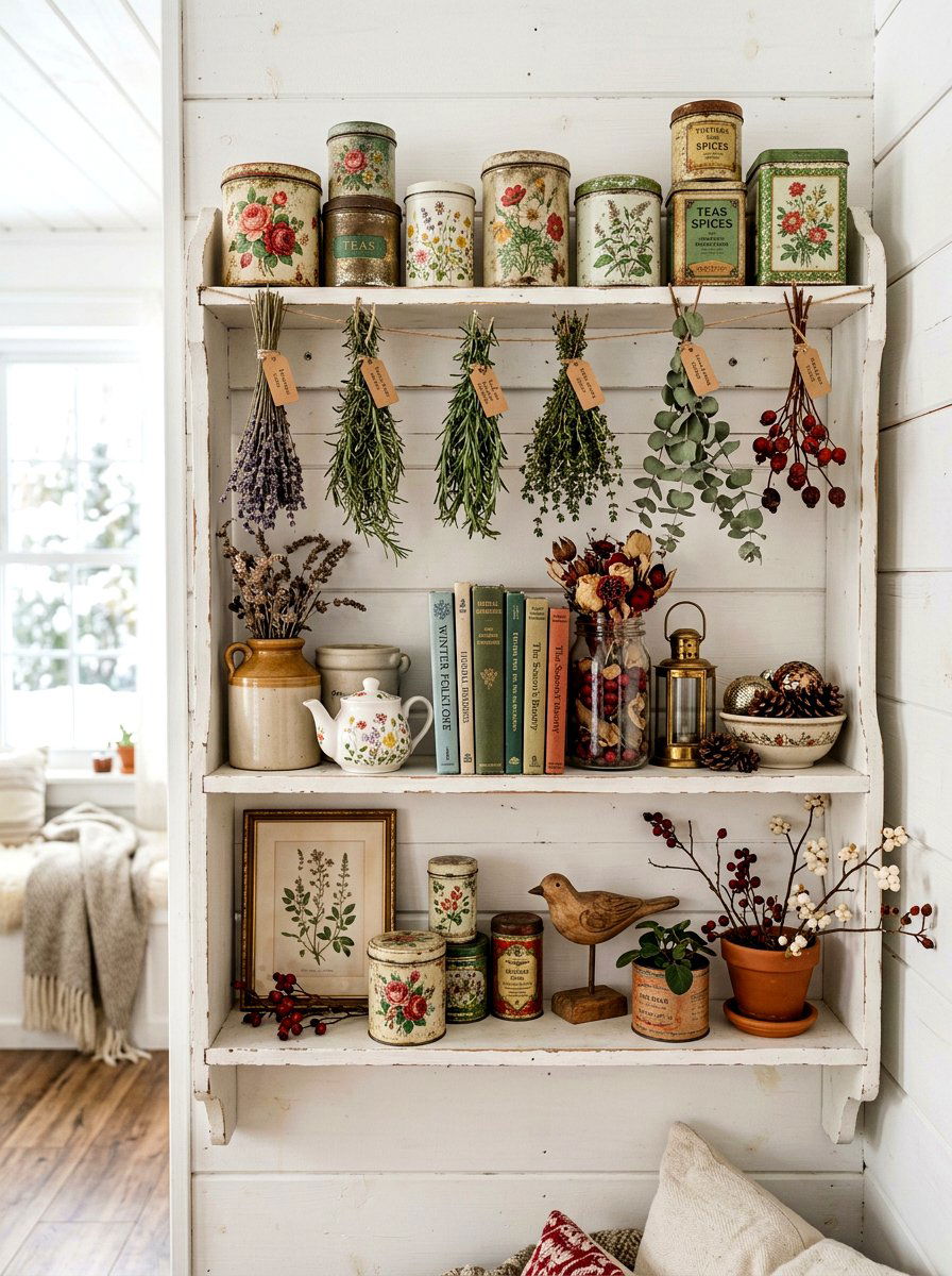 Cottagecore Winter Shelf - 30 winter shelf styling ideas