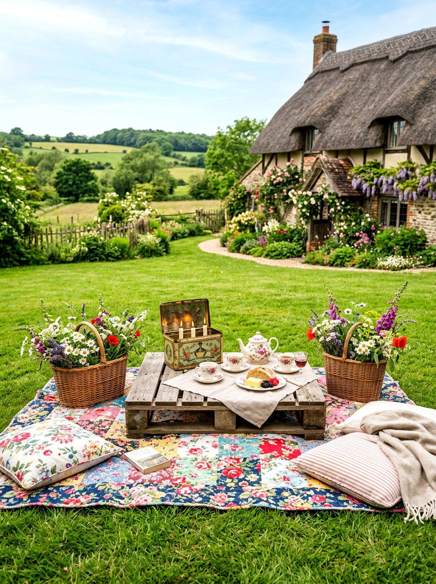 Cottagecore backyard picnic area - 30 candlelit patio dinner ideas