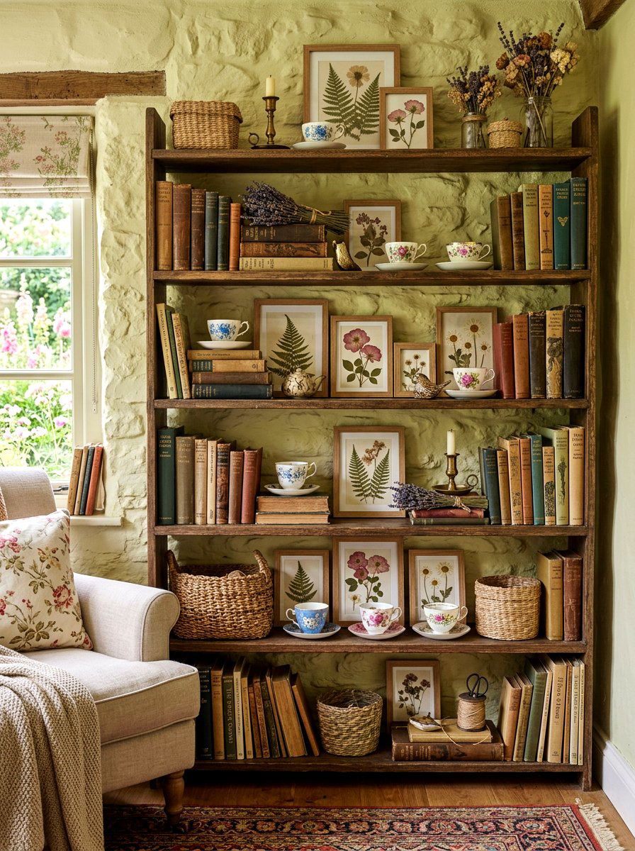 Cottagecore bookshelf display - 30 bookshelf spring styling ideas