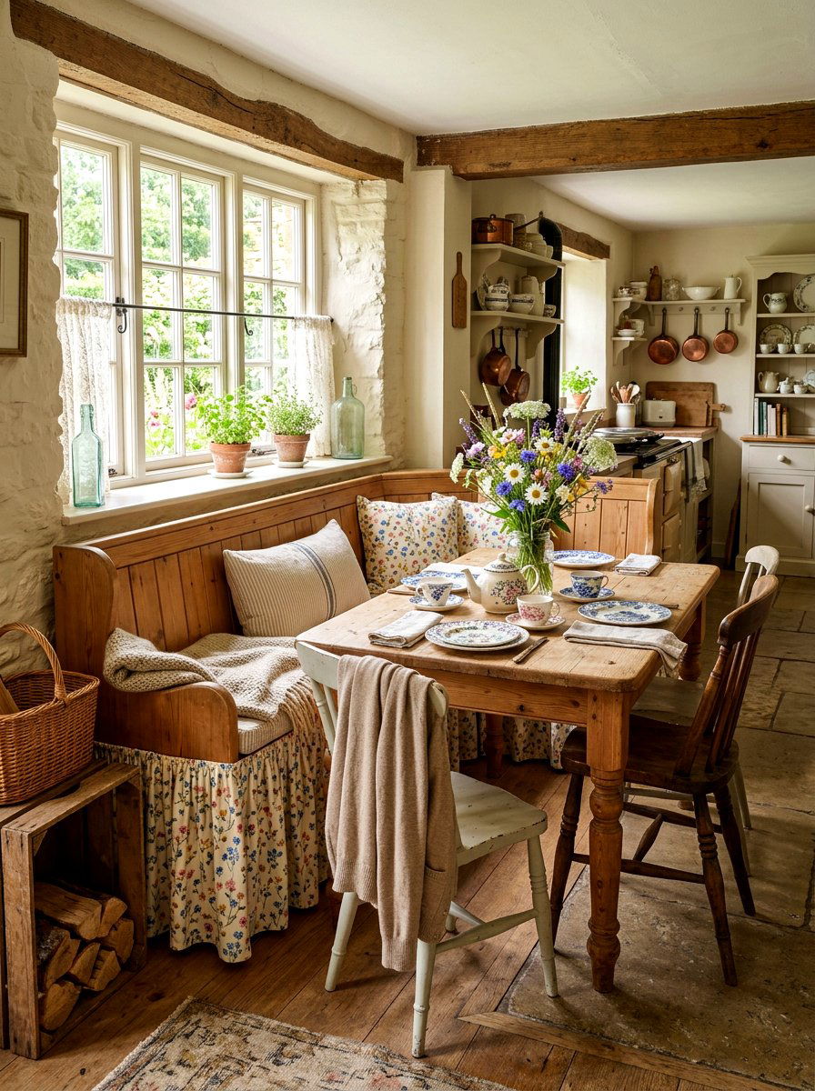 Cottagecore skirted dining bench - 30 skirted dining bench ideas