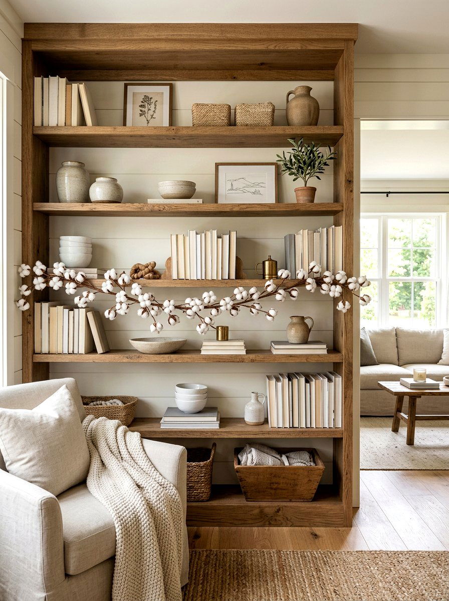 Cotton Boll Bookshelf Garland - 30 bookshelf garland ideas