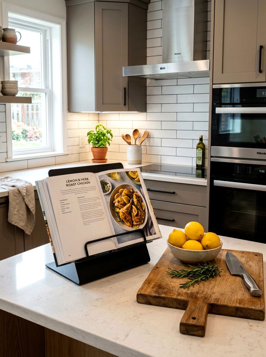 Countertop Book Stand - 30 kitchen cookbook storage ideas