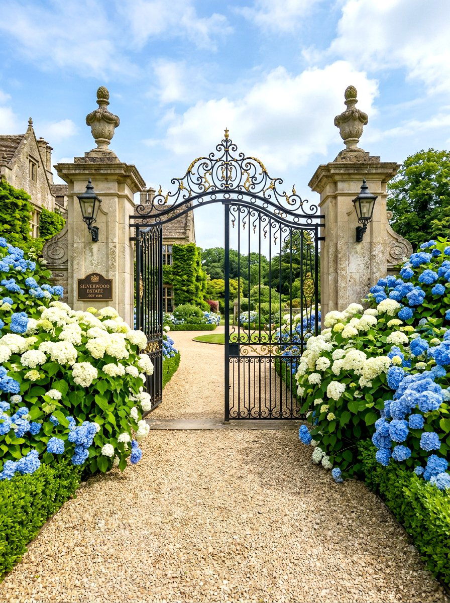 Country Estate Gate And Hydrangeas - 30 driveway gate landscaping ideas