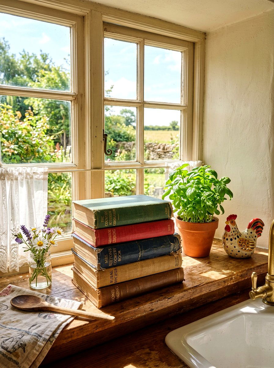 Country Kitchen Windowsill With Vintage Cookbook Stack - 30 vintage book decor ideas