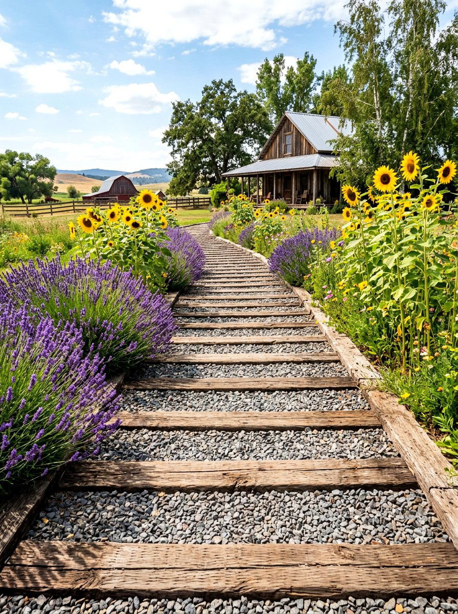 Country Railroad Tie Walkway - 30 front garden path ideas