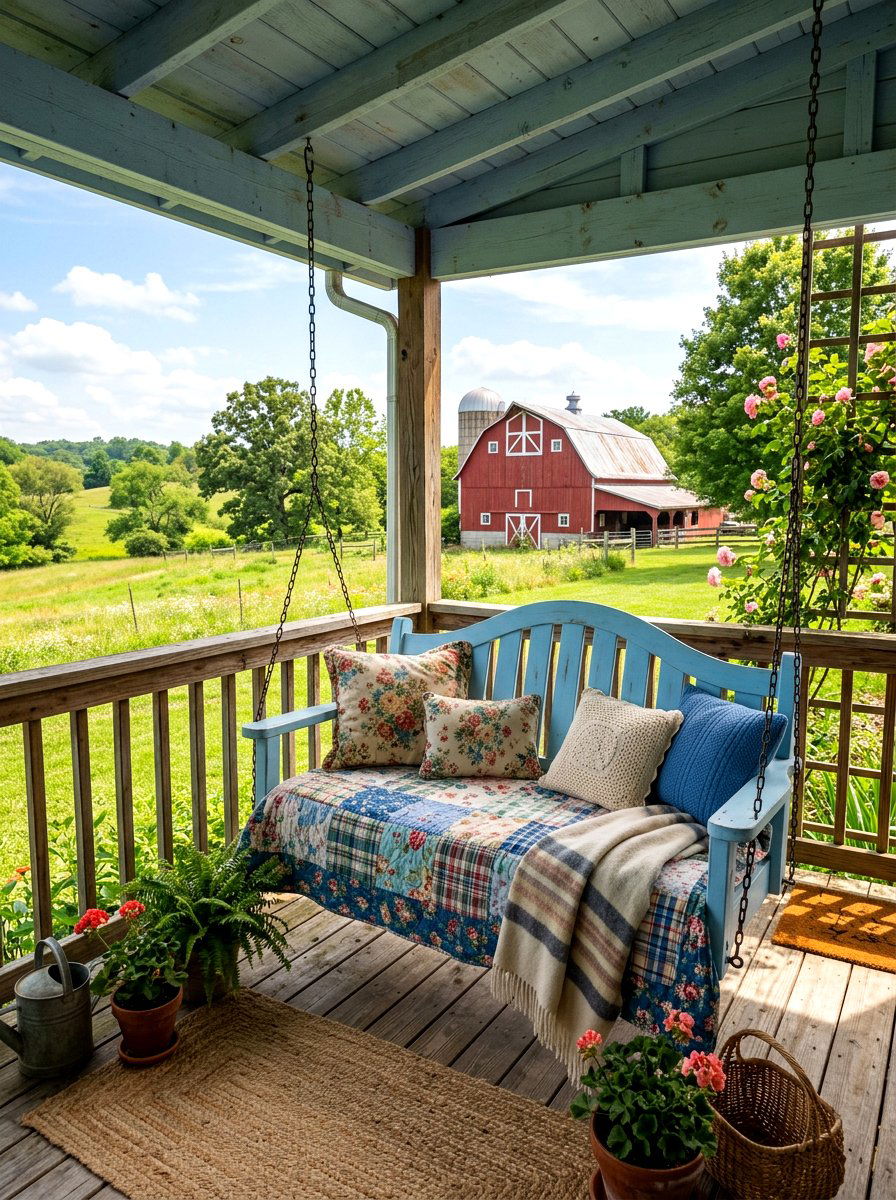 Country style daybed swing - 30 porch swing bed ideas