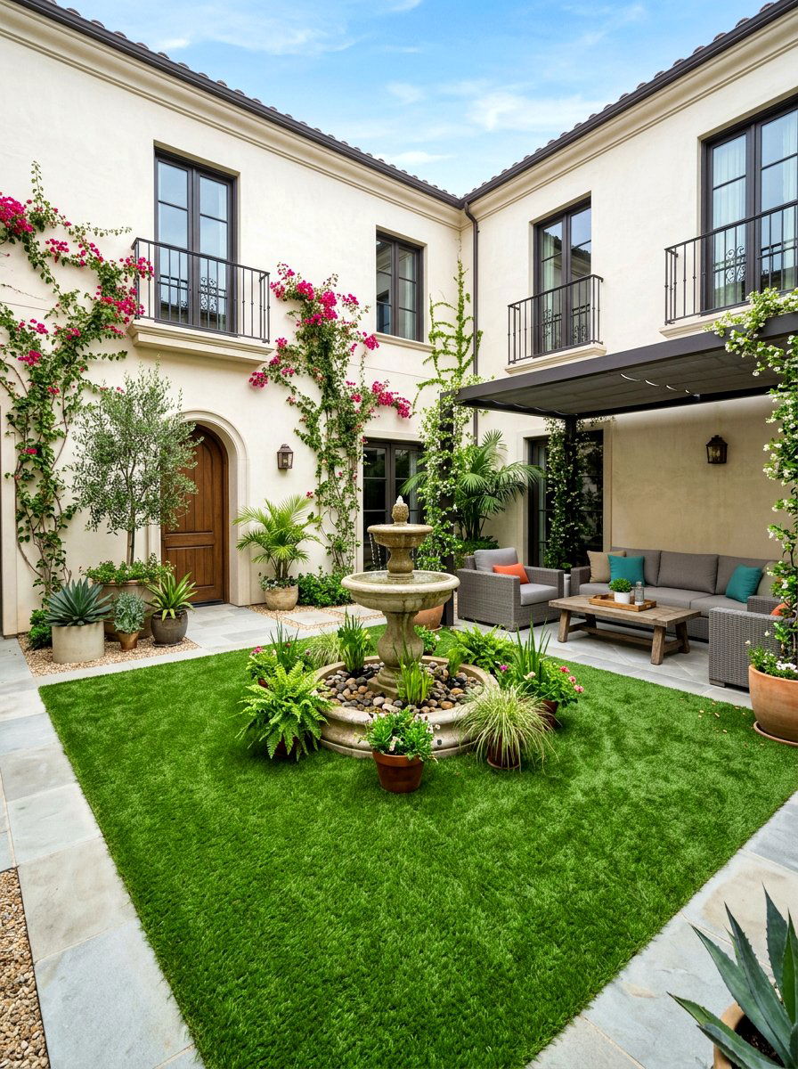 Courtyard artificial grass oasis - 30 artificial turf backyard ideas