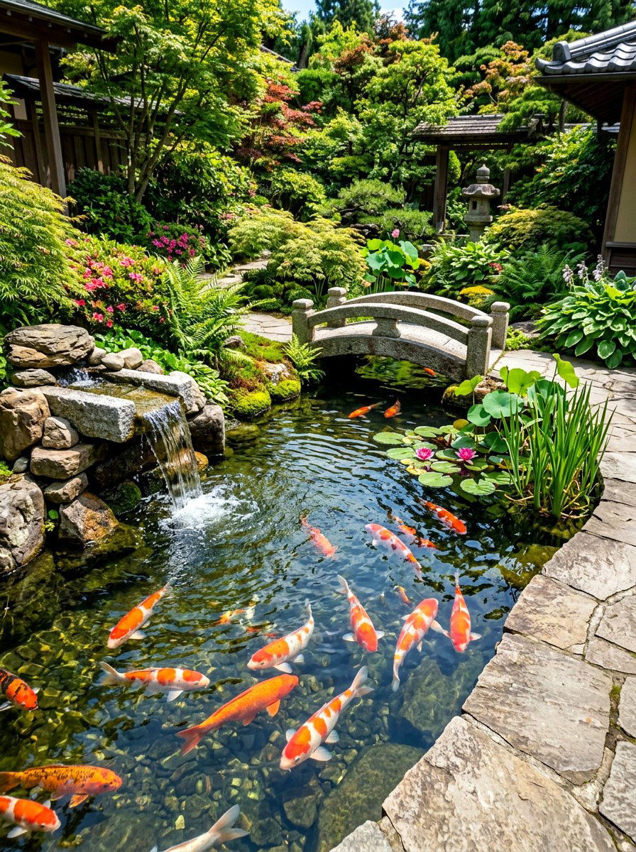 Courtyard koi pond fountain - 30 courtyard fountain garden ideas