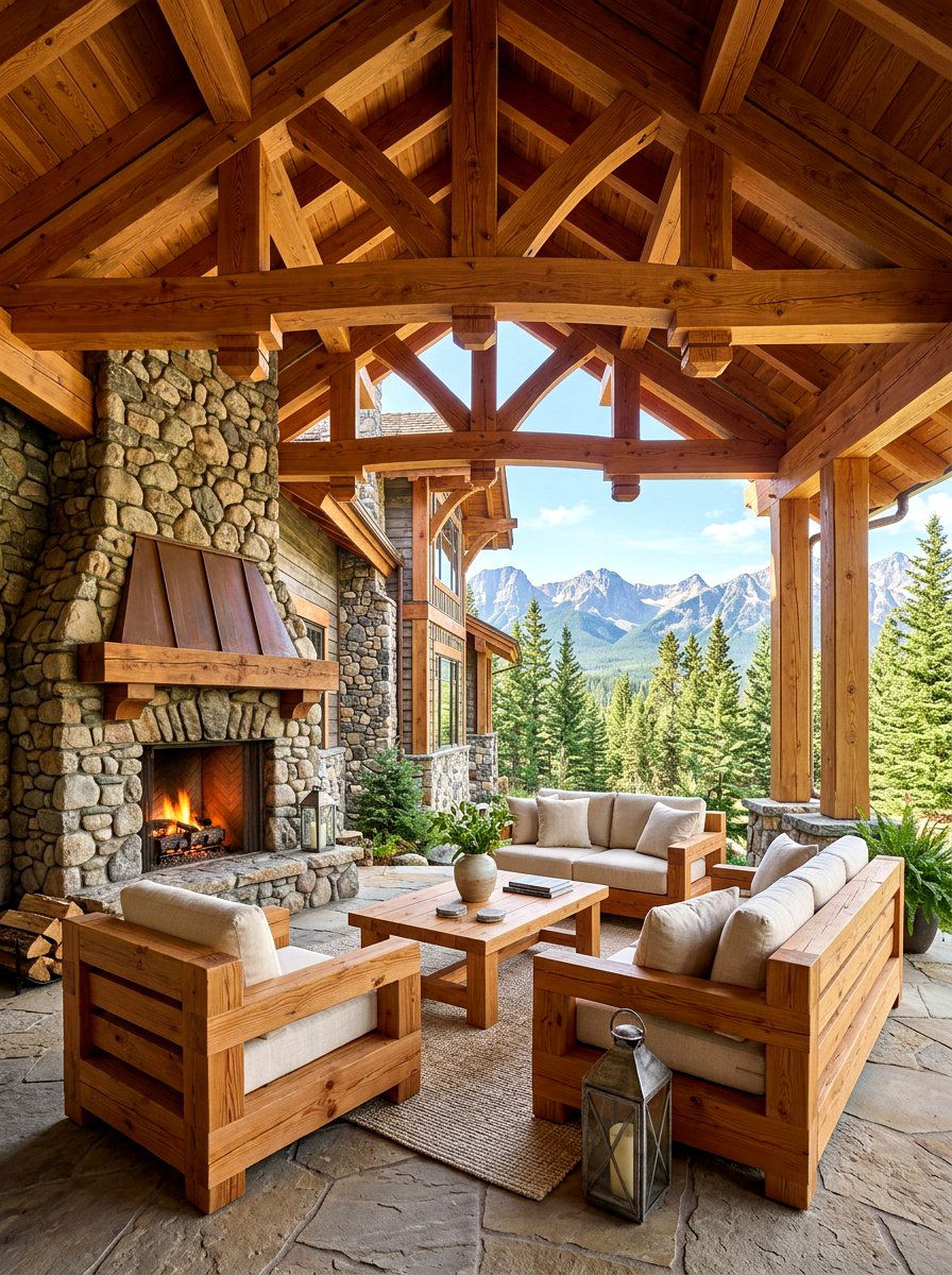 Covered Douglas Fir Patio - 30 warm wood patio lounge ideas