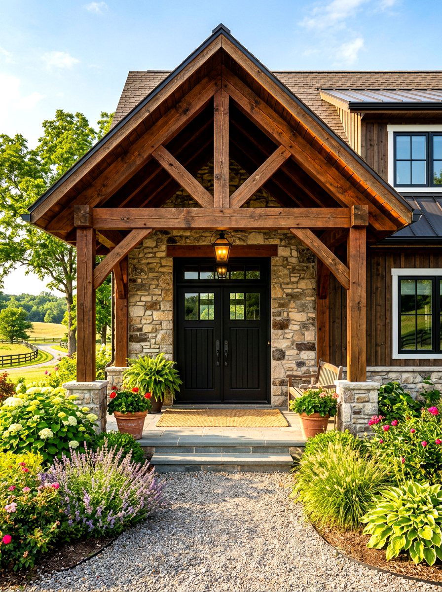 Covered Entryway With Timber Trusses - 30 farmhouse front facade ideas