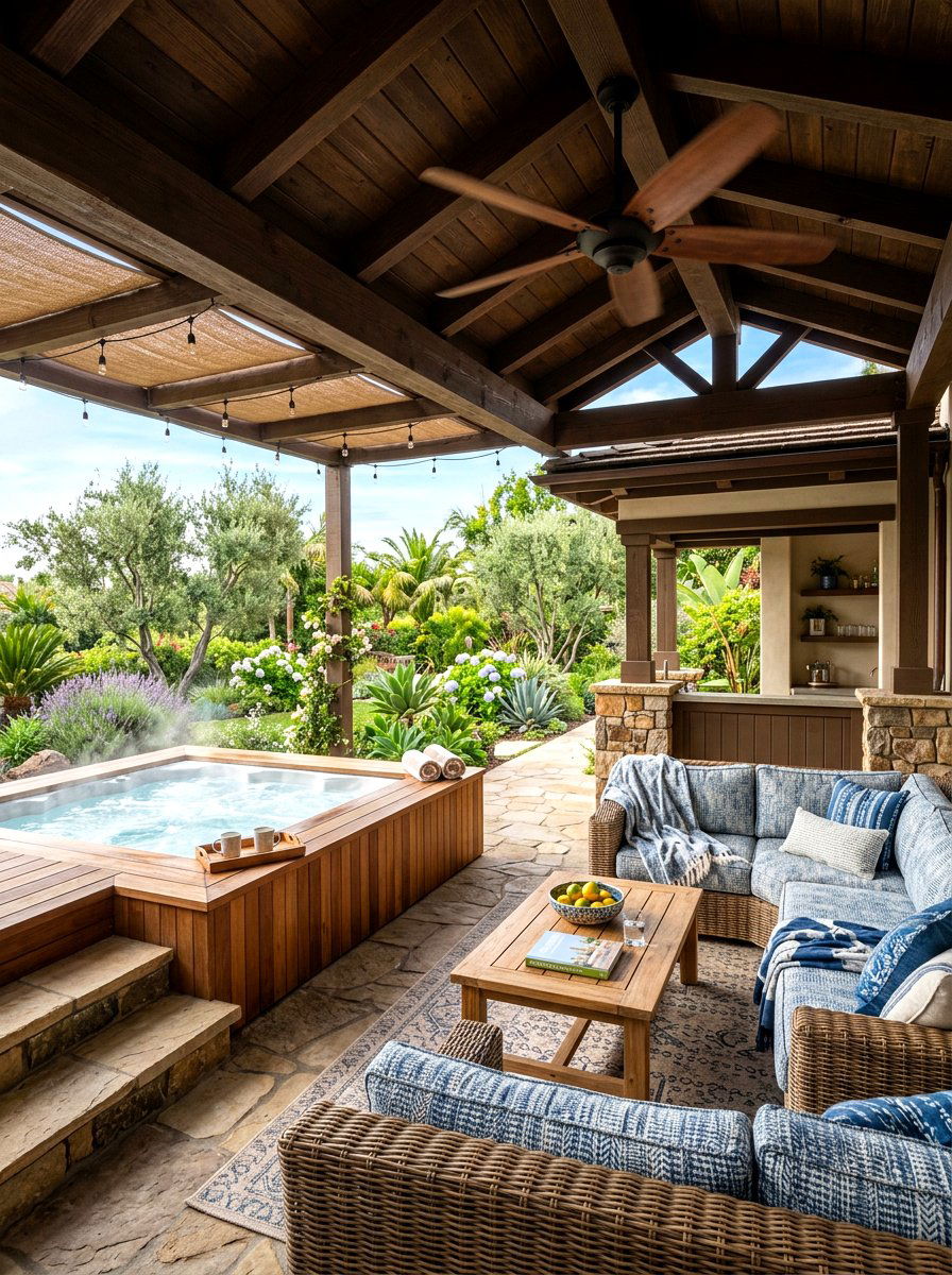 Covered Patio Lounge - 30 hot tub patio decor ideas aesthetic