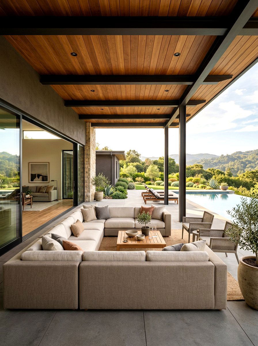 Covered Patio Lounge - 30 warm minimalist backyard ideas