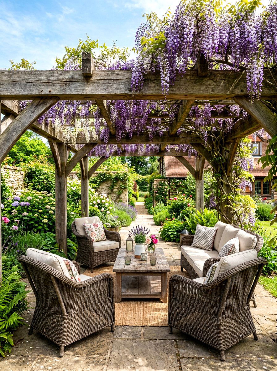 Covered Pergola Seating - 30 rustic backyard seating ideas
