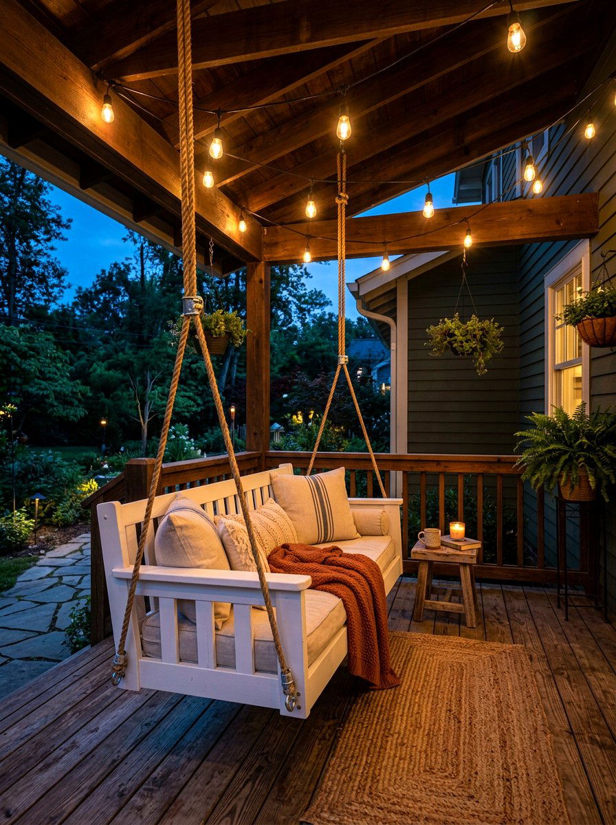 Covered Porch Swing With Lights - 30 farmhouse porch swing ideas