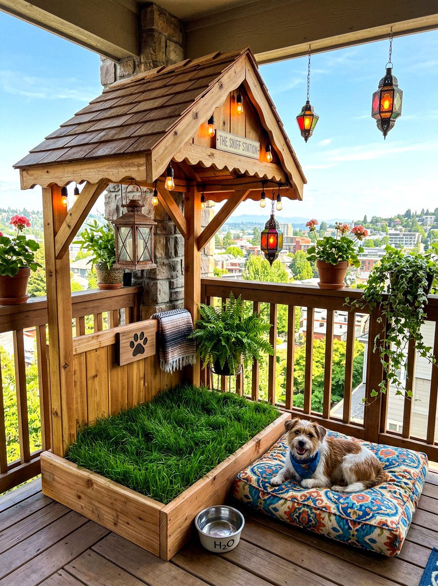 Covered balcony dog station - 30 balcony pet potty area ideas