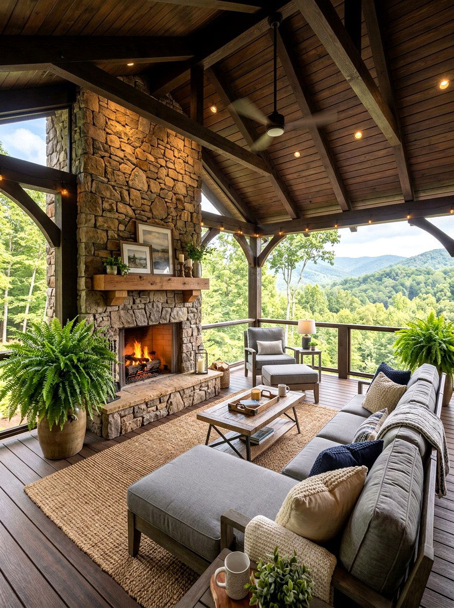 Covered deck fireplace lounge - 30 patio fireplace lounge ideas