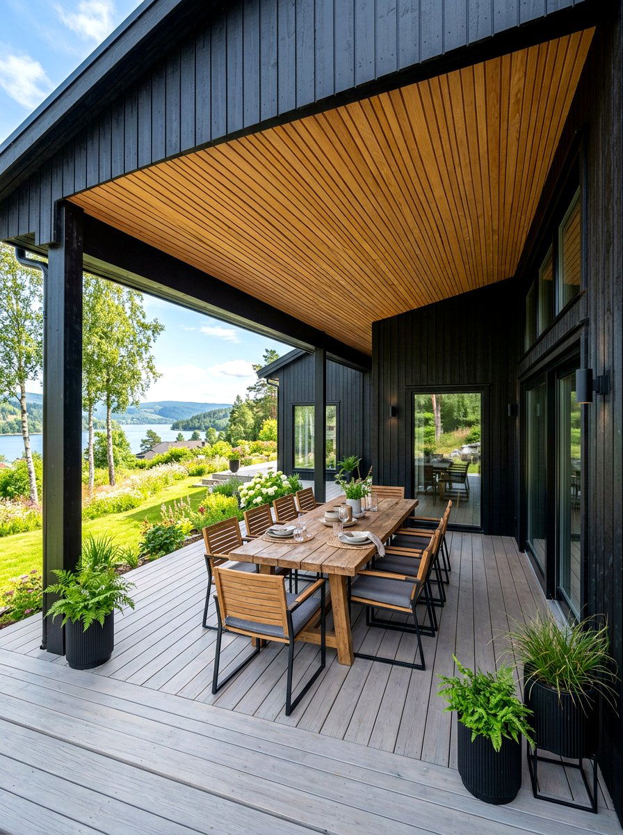 Covered outdoor patio Scandinavian house - 30 Scandinavian house exterior ideas
