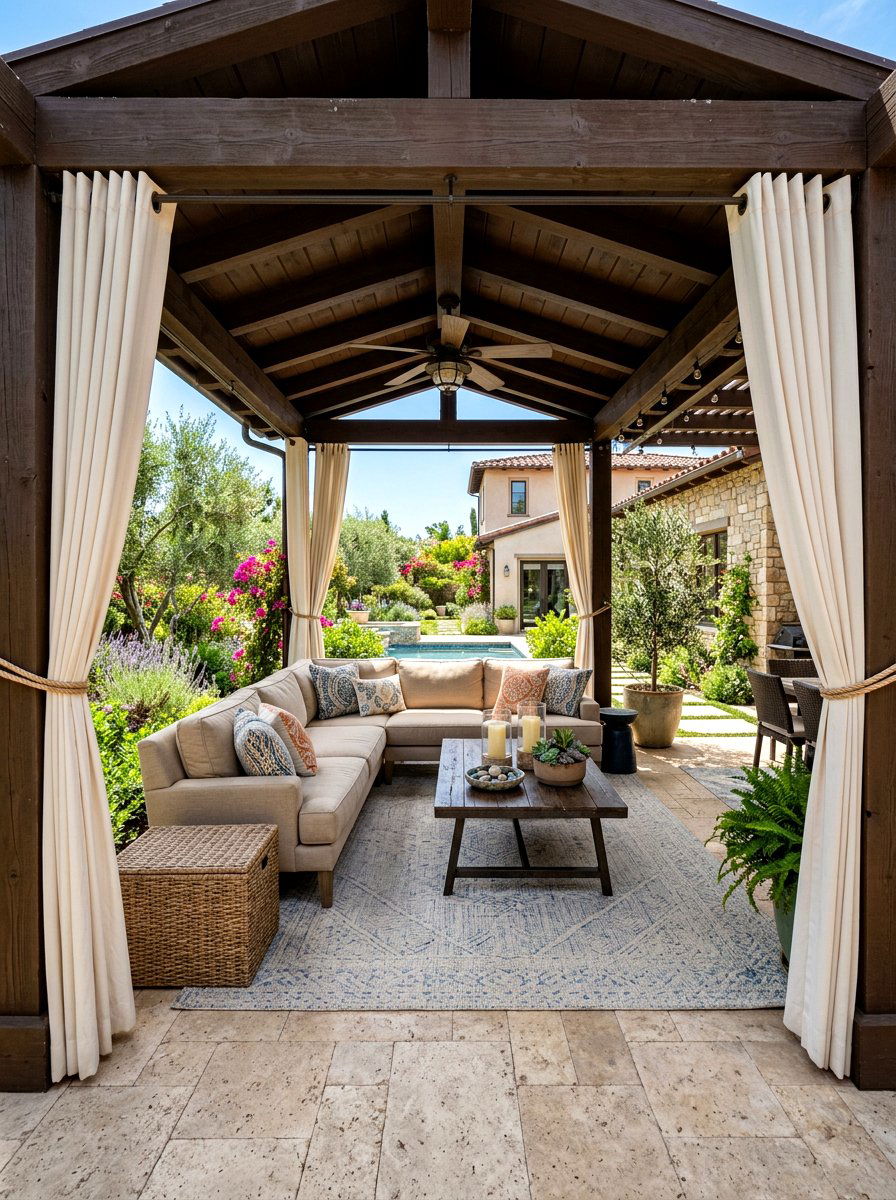 Covered patio with outdoor curtains - 30 starlit patio hosting ideas