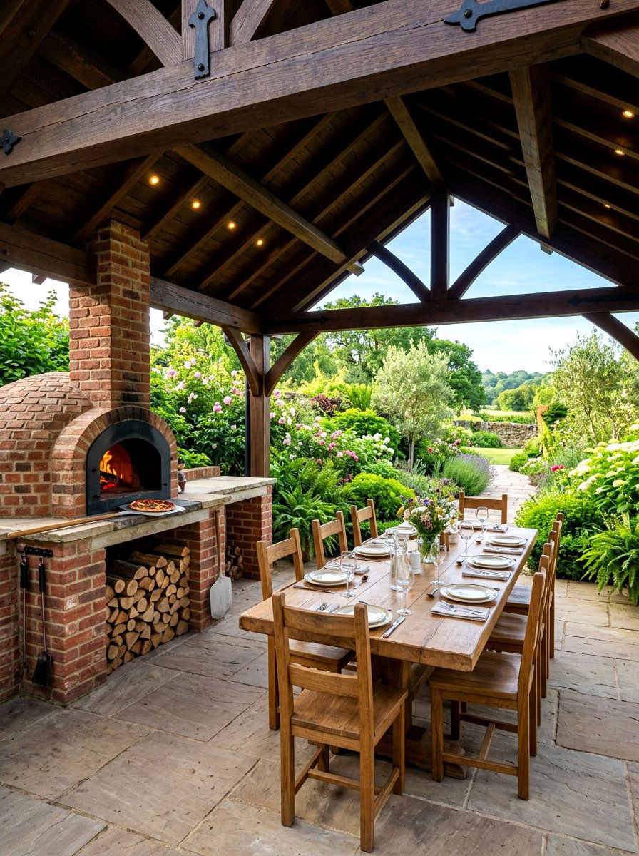 Covered patio with pizza oven - 30 family BBQ patio ideas