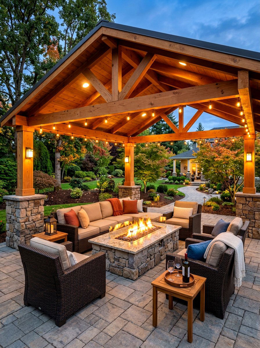 Covered paver fire pit area - 30 paver fire pit patio ideas