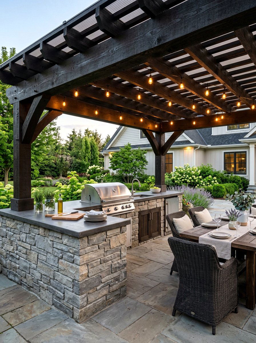 Covered pergola cooking area - 30 patio cooking area ideas