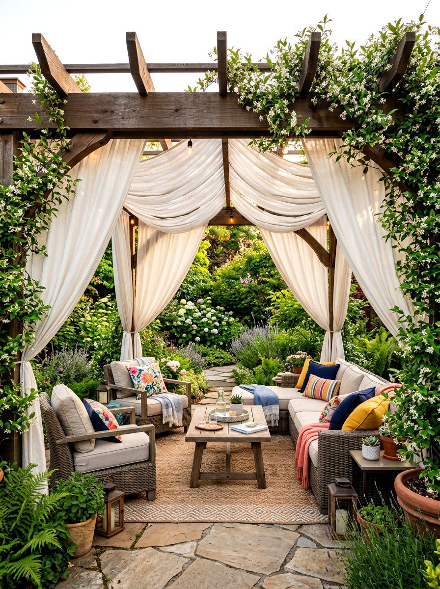 Covered pergola lounge area - 30 California casual patio lounge ideas