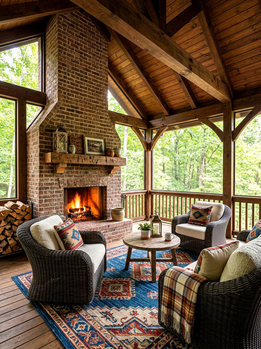 Covered porch fireplace - 30 backyard fireplace seating ideas