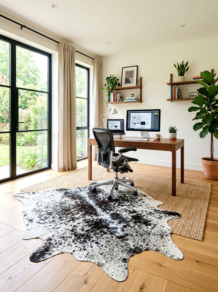 Cowhide Over Jute Rug - 30 layered rug ideas