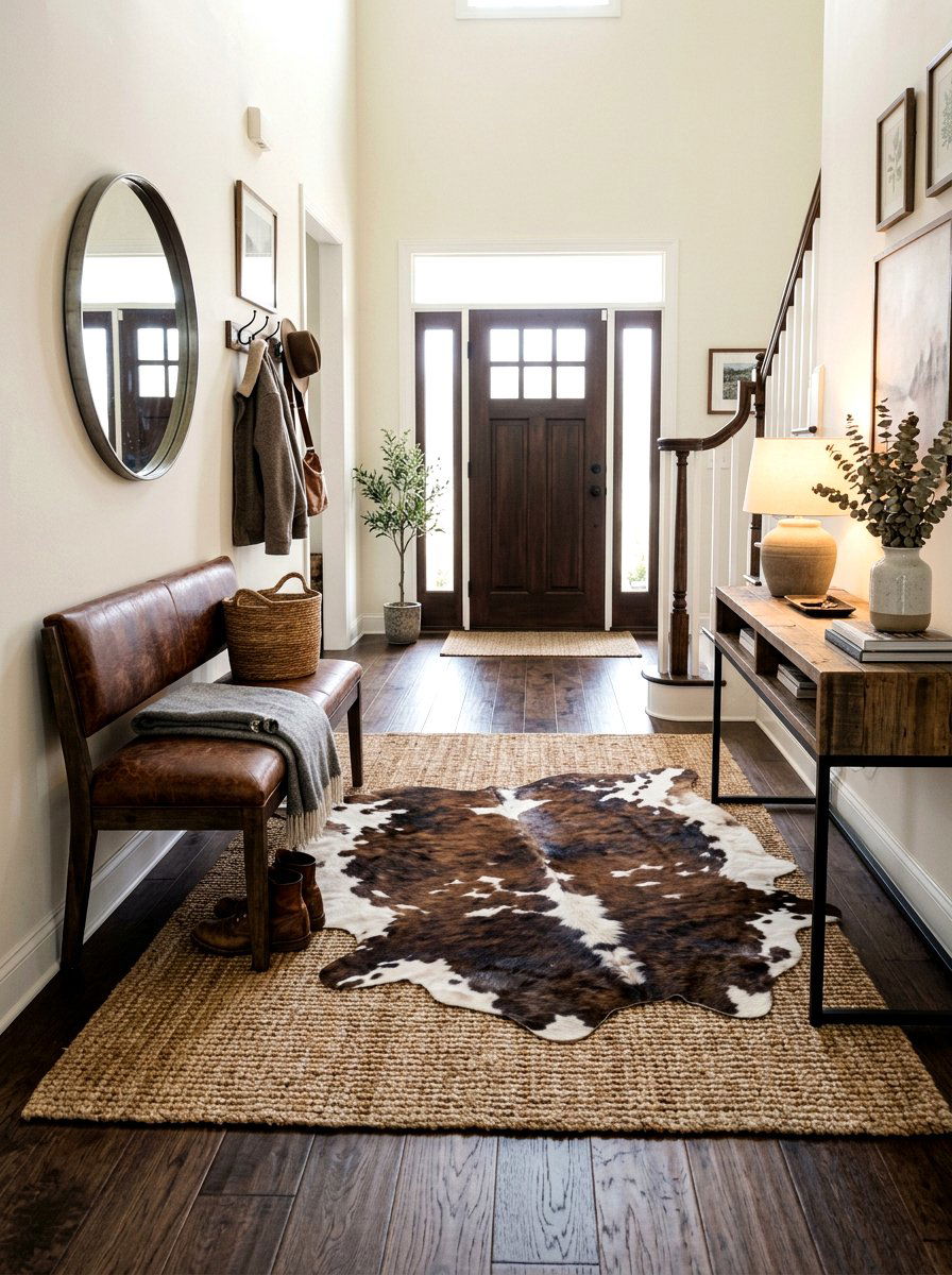 Cowhide Over Sisal Entryway Layering - 30 entrance rug layering ideas
