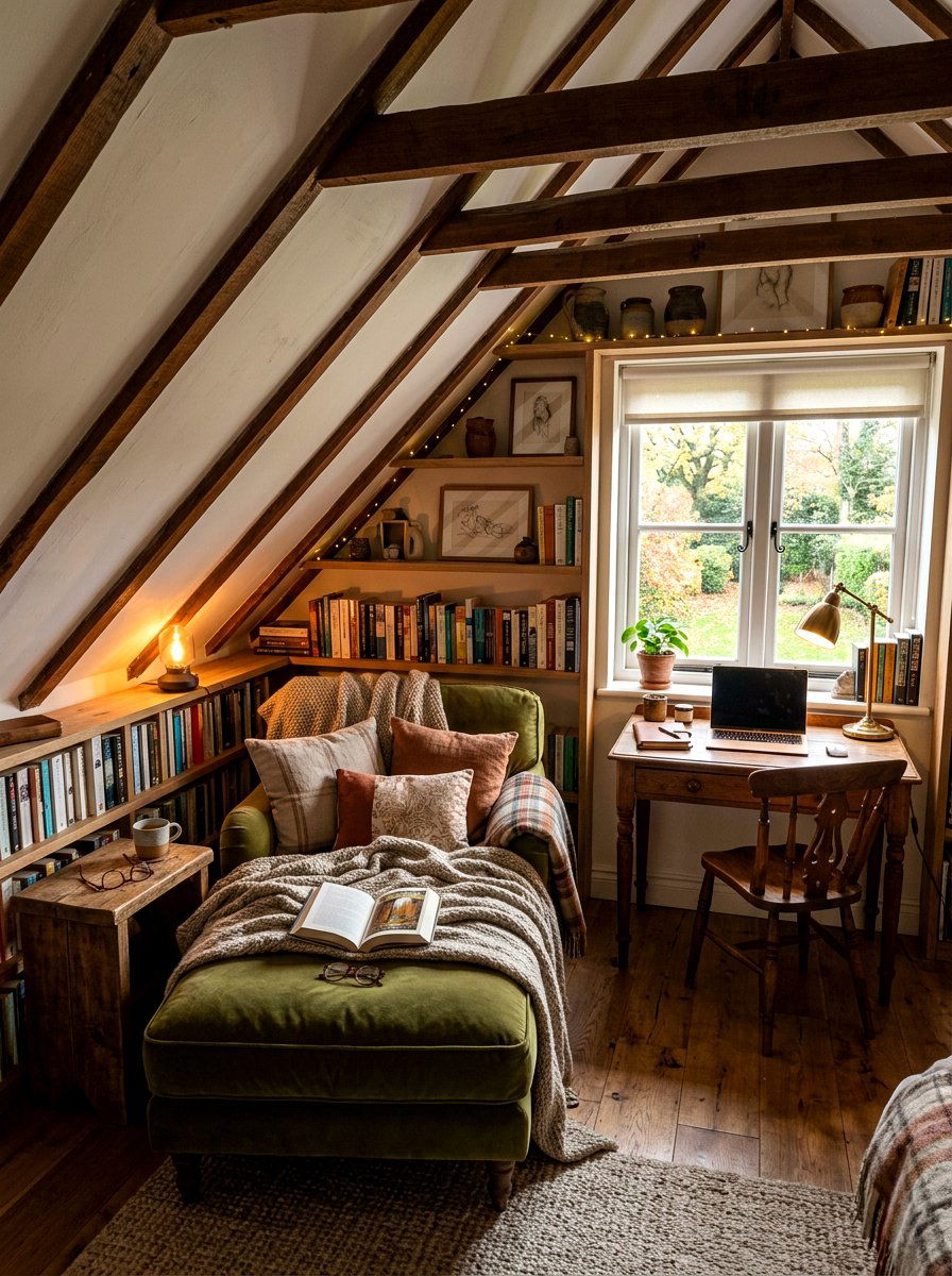 Cozy Attic Reading Office - 30 sloped ceiling office ideas