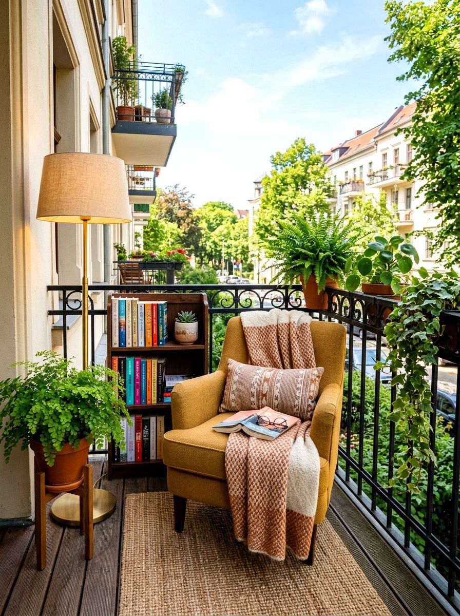 Cozy Balcony Reading Nook - 30 balcony cafe apartment ideas