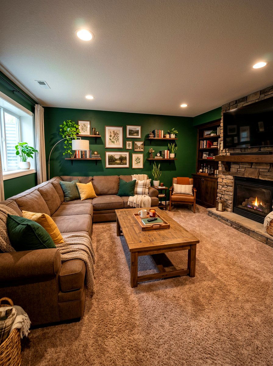 Cozy Basement Living Room With Forest Green Paint And Brown Carpet - 30 forest green and brown living room ideas