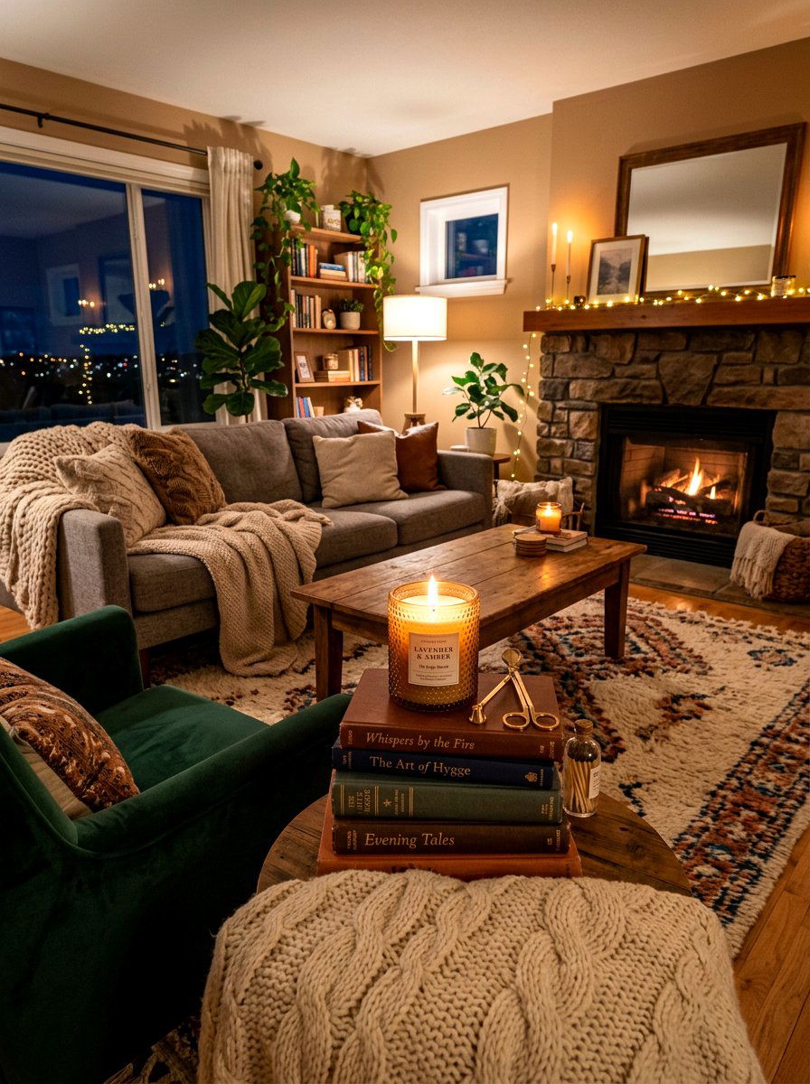Cozy Candle Lit Book Arrangement - 30 coffee table book styling ideas