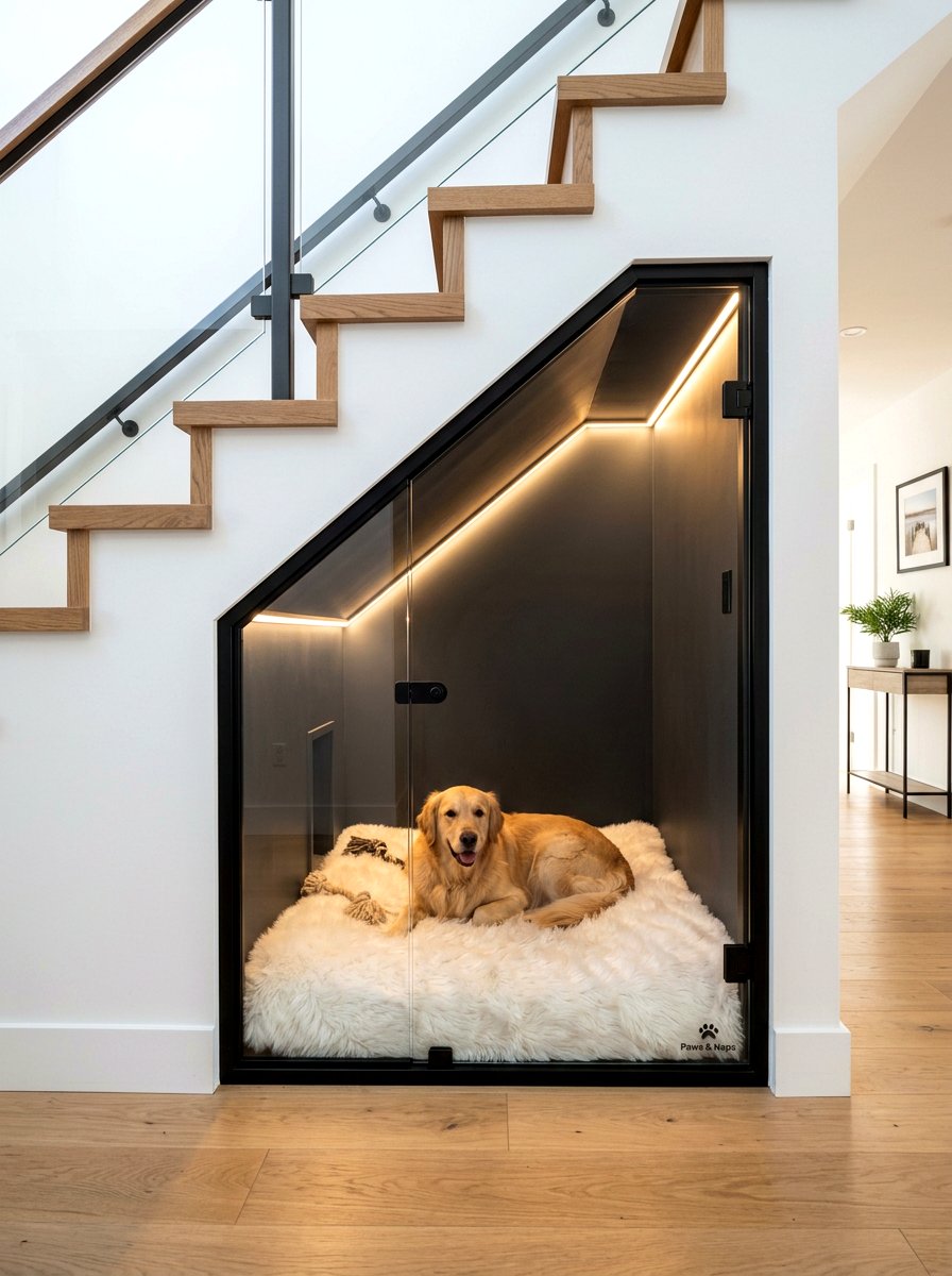 Cozy Dog Cave With Integrated Lighting - 30 under stairs dog nook ideas