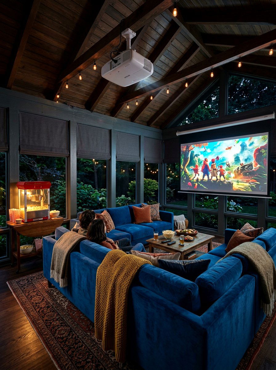 Cozy Enclosed Porch Theater - 30 outdoor movie patio ideas